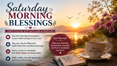 Saturday morning blessings images and quotes with sunrise, coffee cup, flowers, and inspirational messages of peace and gratitude