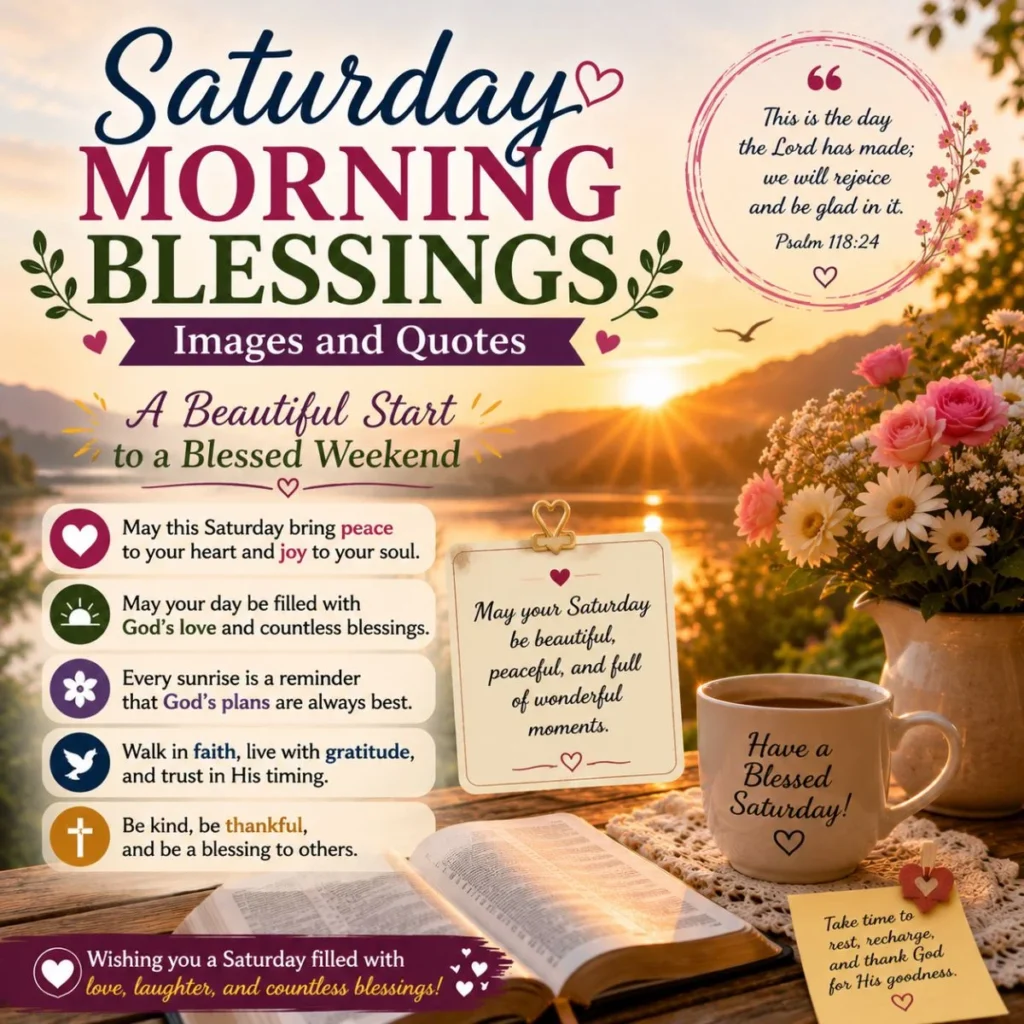Saturday morning blessings images and quotes with sunrise, Bible, flowers, and coffee by the lake