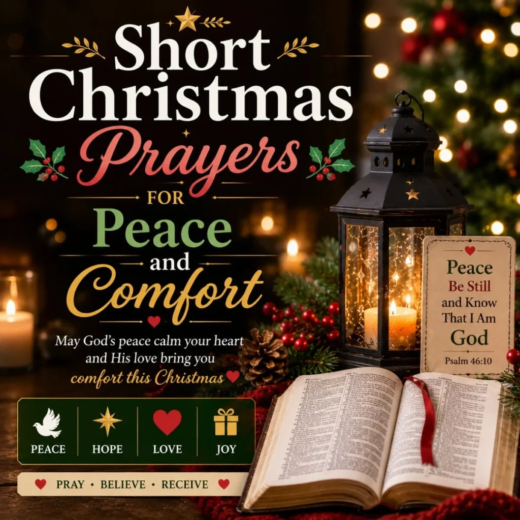 Short Christmas prayers for peace and comfort with Bible, lantern, candlelight, and festive holiday decorations