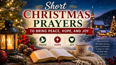 Short Christmas prayers image with Bible, cross, lantern, and Christmas blessings for peace, hope, and joy