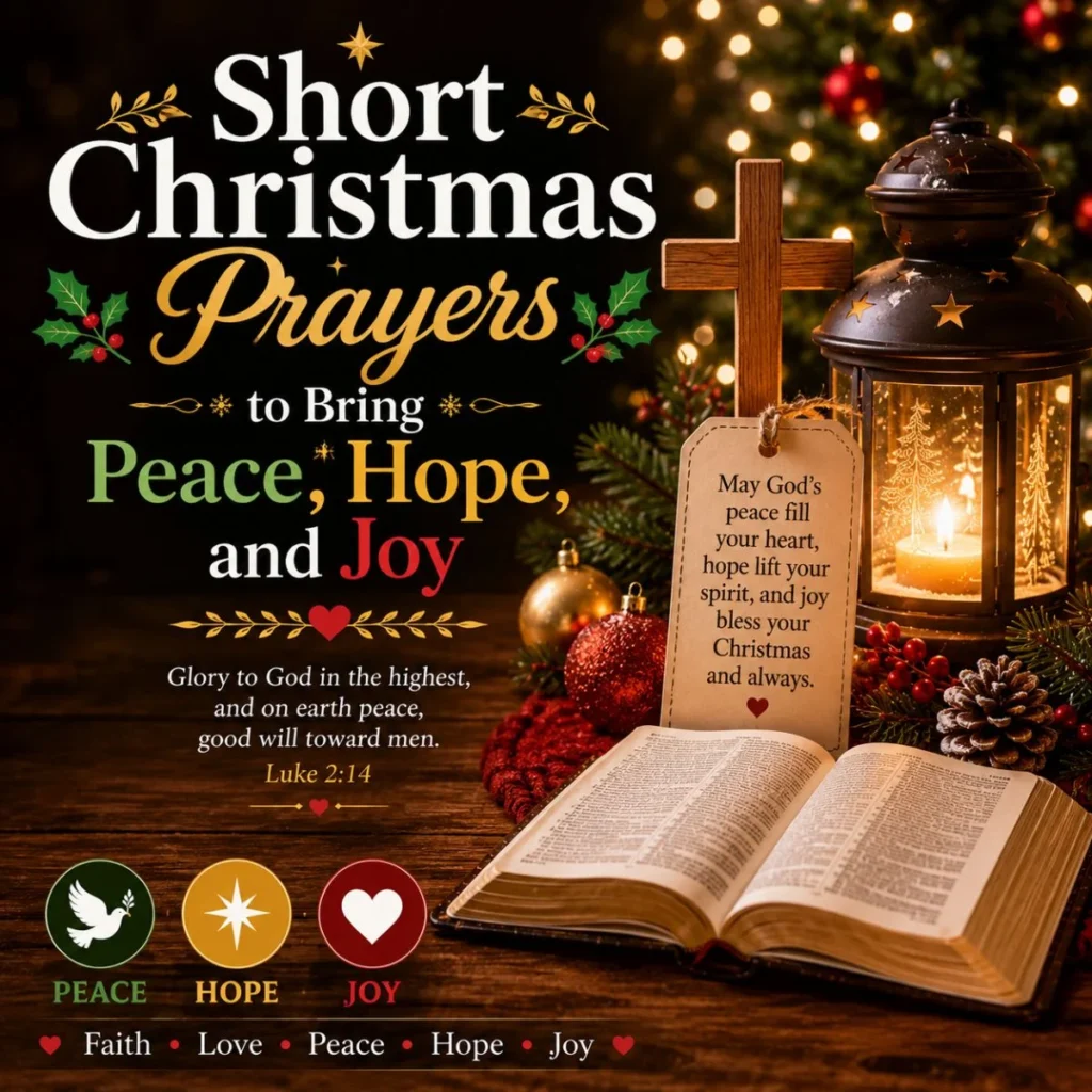 Short Christmas prayers image with Bible, cross, lantern, and Christmas blessings for peace, hope, and joy