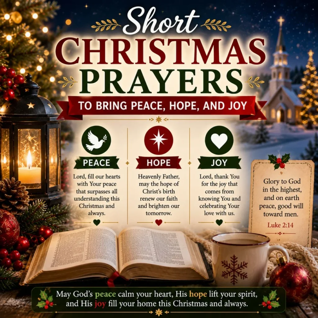 Short Christmas prayers to bring peace, hope, and joy with Bible, lantern, church, and festive holiday decorations