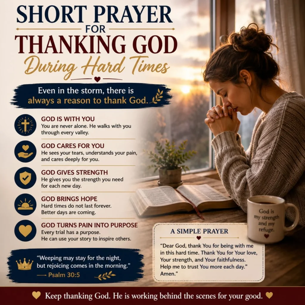 Woman praying beside an open Bible with a short prayer for thanking God during hard times and finding hope