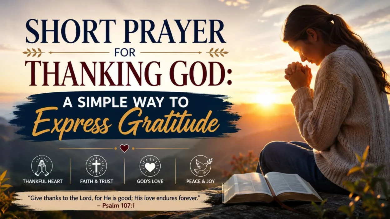 Woman praying beside an open Bible at sunrise with a short prayer for thanking God and gratitude message