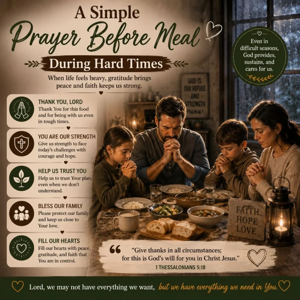 Family praying before a simple meal during hard times with a message of faith, hope, and gratitude