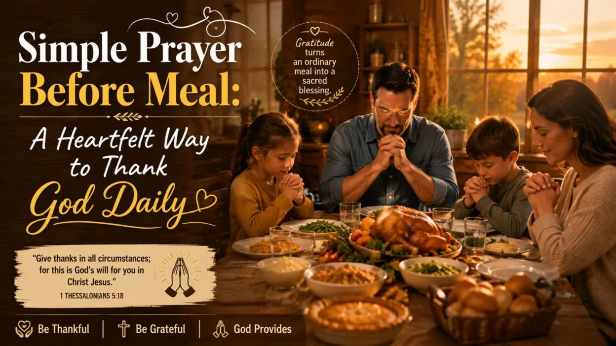 Family praying together before dinner with a simple prayer before meal and gratitude quote in a warm home setting