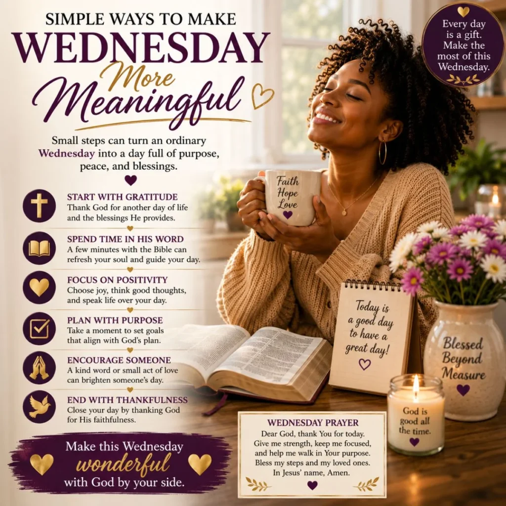 Inspirational Wednesday image with gratitude tips, Bible, flowers, and simple ways to make Wednesday more meaningful