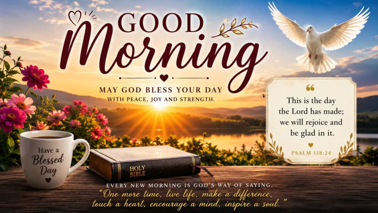 Spiritual Bible verse good morning blessings GIF with sunrise, Holy Bible, dove, flowers, and inspirational message