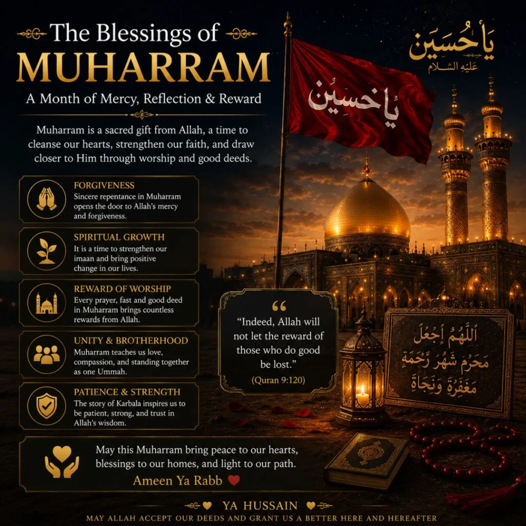 The Blessings of Muharram image with Karbala shrine, Ya Hussain flag, and symbols of faith and reflection