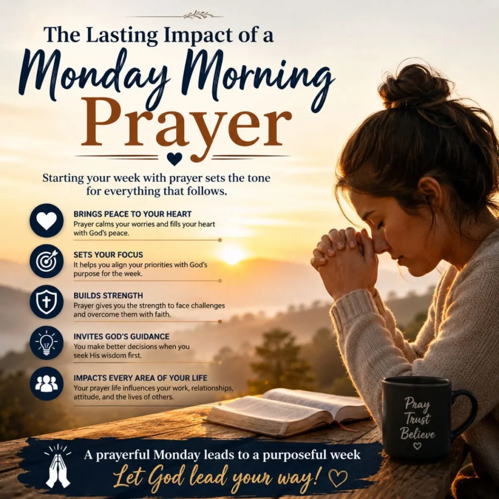 Monday morning prayer at sunrise with a woman praying over an open Bible, inspiring faith, peace, and purpose for the week