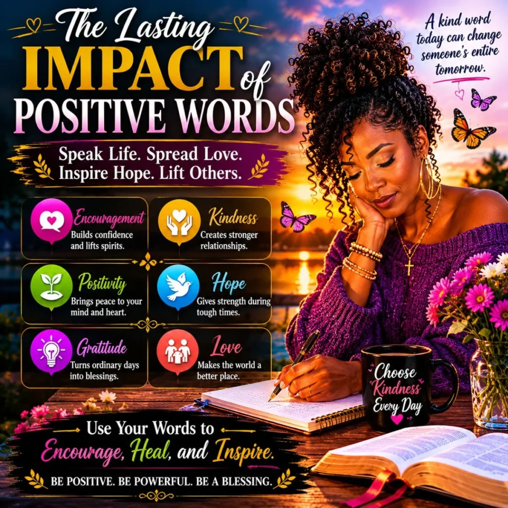 The Lasting Impact of Positive Words image with woman writing, faith, kindness, encouragement, and hope.
