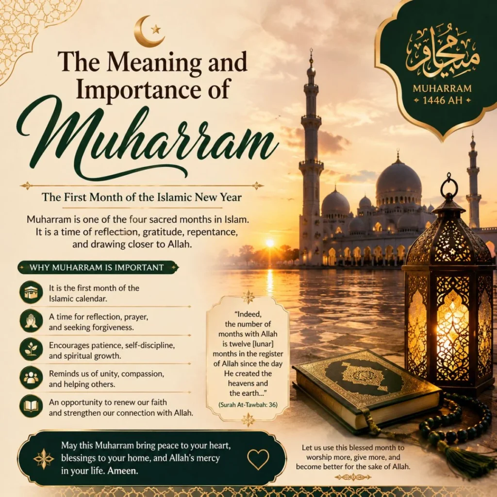 The meaning and importance of Muharram with mosque, Quran, lantern, and Islamic New Year reflectio