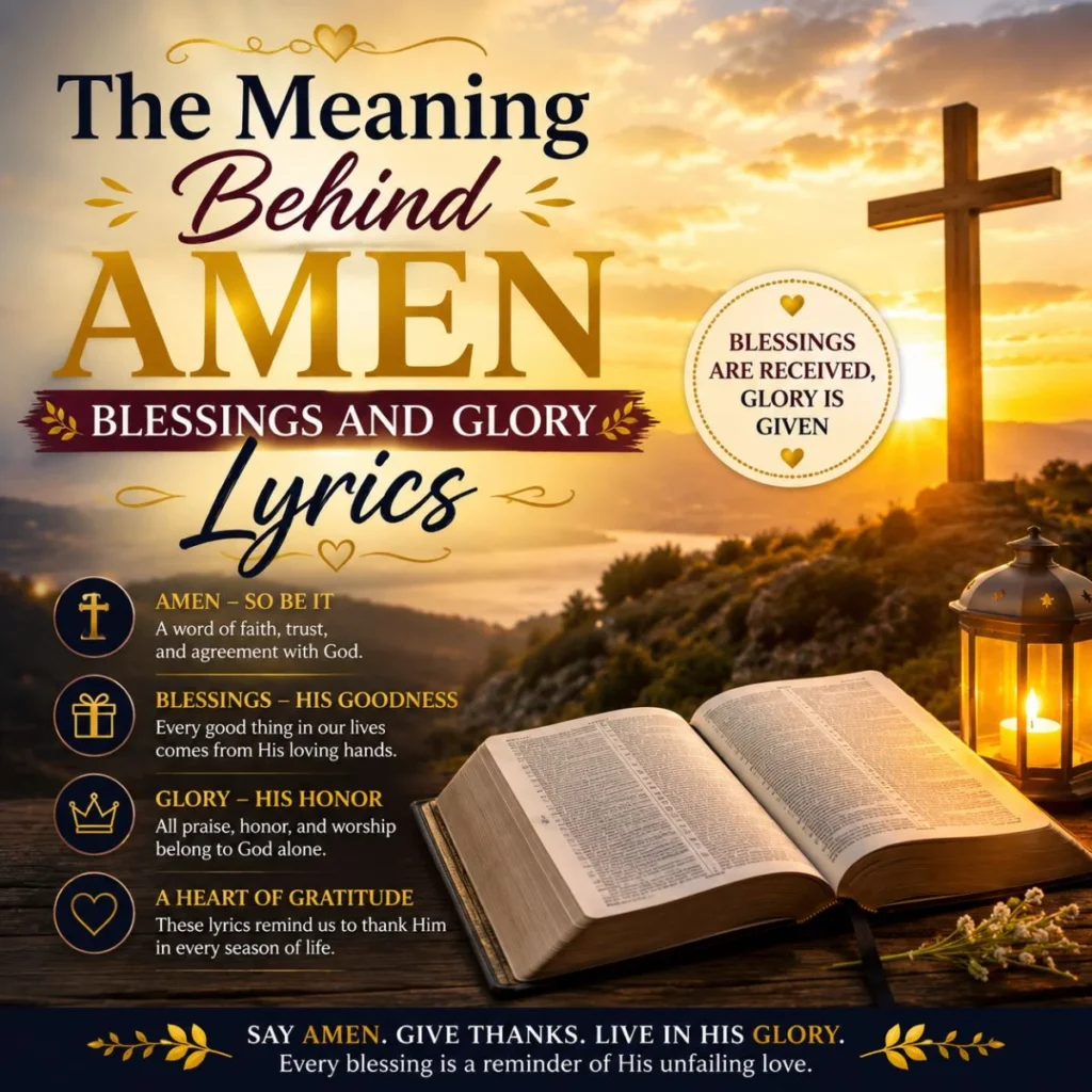 The Meaning Behind Amen Blessings and Glory Lyrics image with cross, Bible, and sunrise symbolizing faith and gratitude
