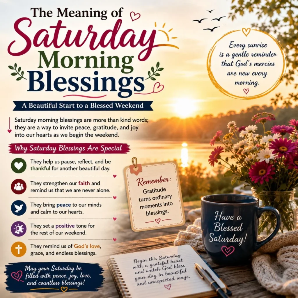 The meaning of Saturday morning blessings with sunrise, flowers, coffee mug, and inspirational weekend quotes