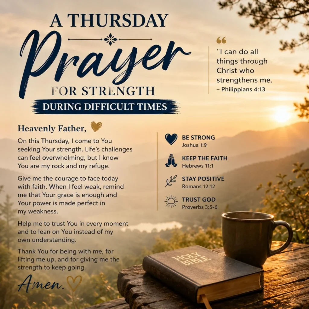 Thursday prayer for strength during difficult times with Bible, coffee mug, and sunrise mountain landscape