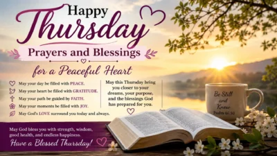 Thursday prayers and blessings image with sunrise, Bible, coffee mug, and peaceful morning inspiration