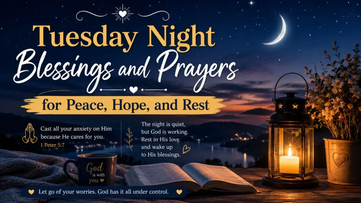 Peaceful Tuesday night blessings and prayers image with moon, lantern, Bible, and inspirational quotes about hope and rest