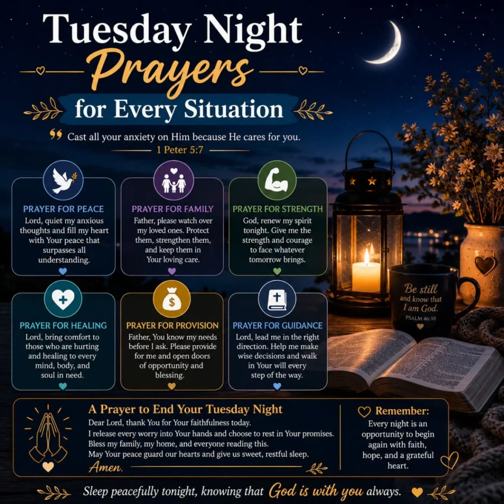 Tuesday night prayers for every situation image with Bible, lantern, moon, and prayers for peace and strength