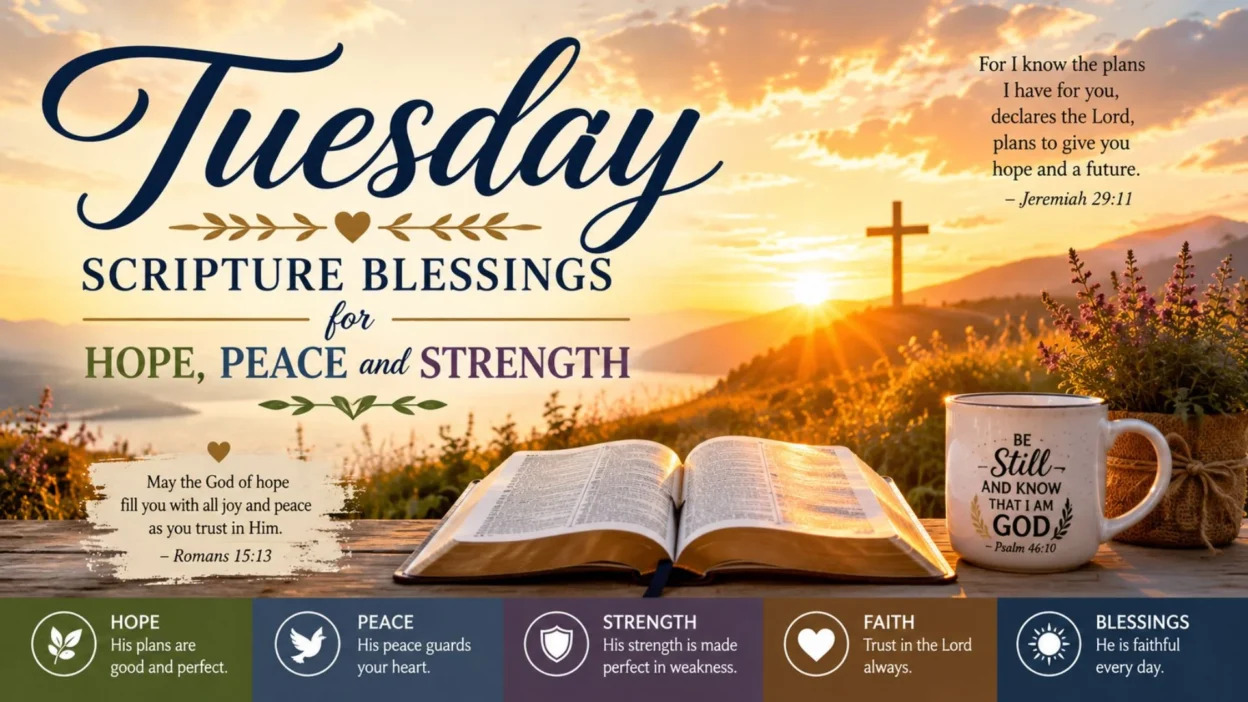 Tuesday Scripture Blessings with sunrise, open Bible, cross, and messages of hope, peace, strength, and faith