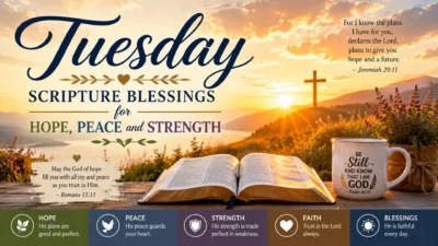 Tuesday Scripture Blessings with sunrise, open Bible, cross, and messages of hope, peace, strength, and faith