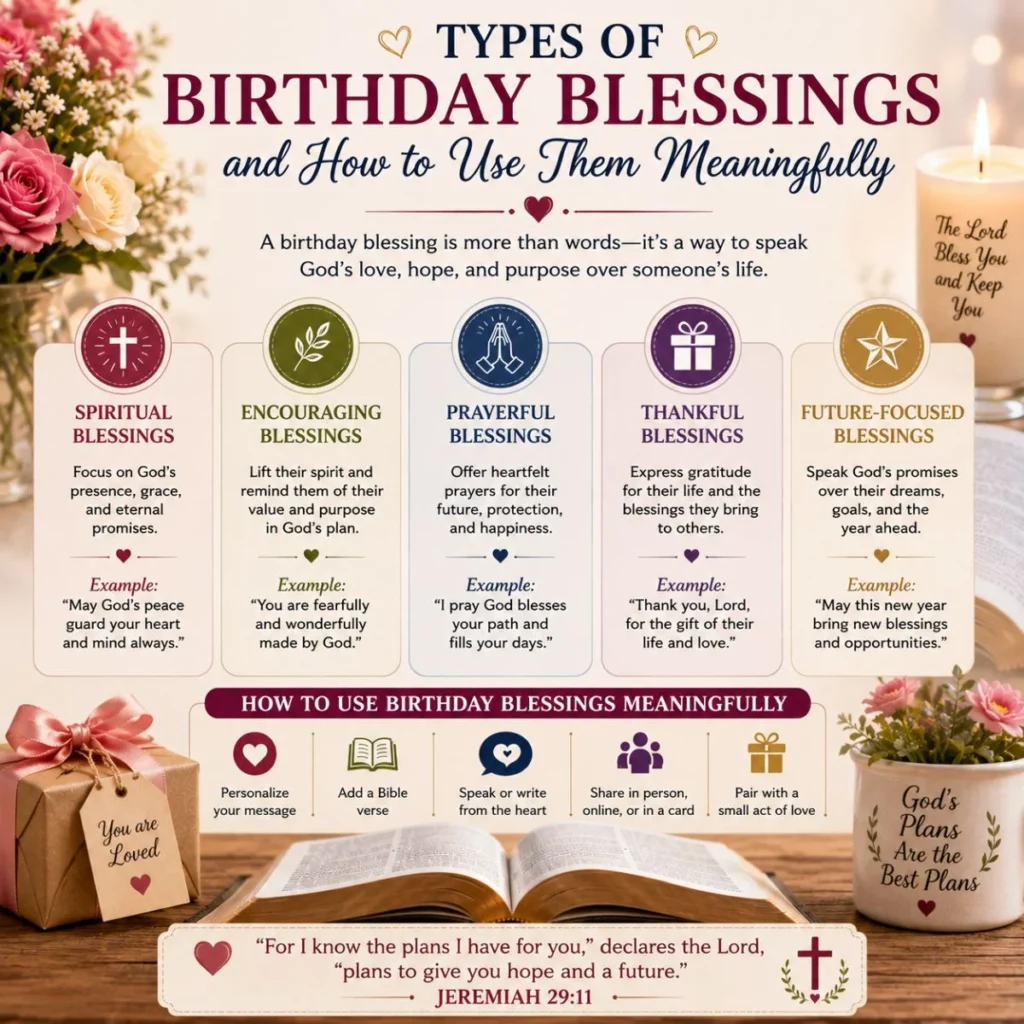 Types of birthday blessings infographic with Bible, gift, flowers, scripture, and meaningful faith-based messages