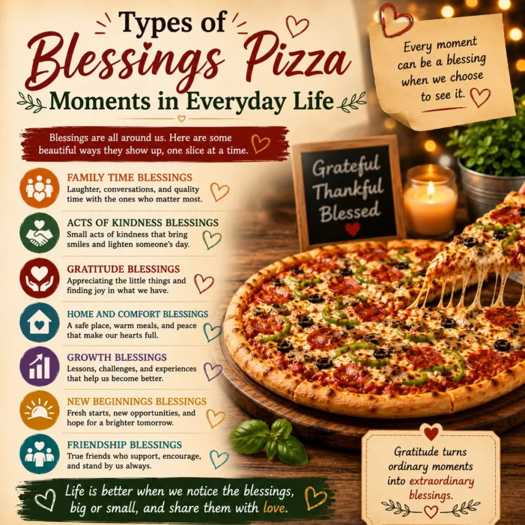Types of Blessings Pizza moments in everyday life including gratitude, family, friendship, kindness, and new beginnings