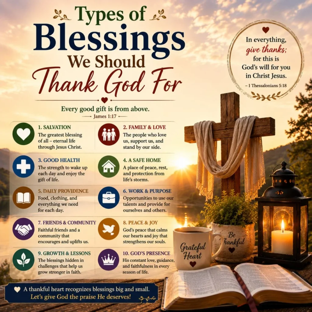 Types of blessings we should thank God for image with Bible, cross, candle, and gratitude at sunrise.