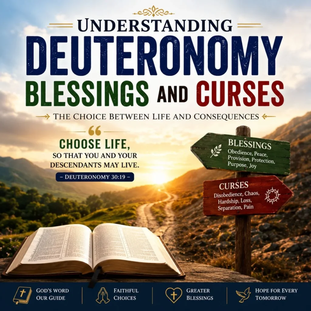 Understanding Deuteronomy blessings and curses with Bible, crossroads signpost, and sunrise symbolizing life choices
