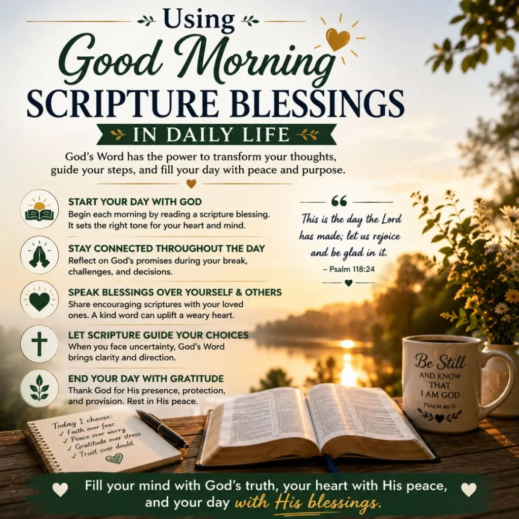 Using good morning scripture blessings in daily life with sunrise, open Bible, prayer, and Christian encouragement
