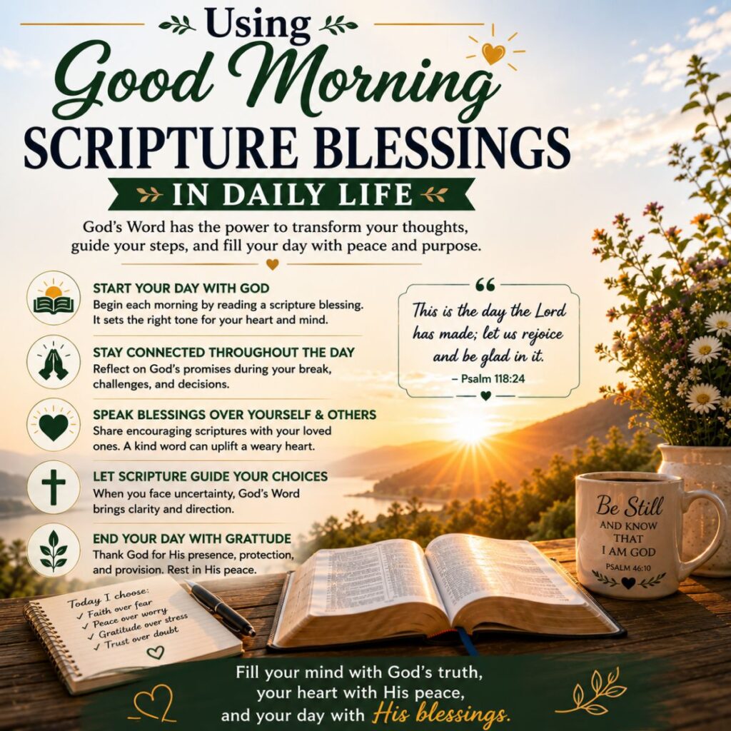 Using good morning scripture blessings in daily life with sunrise, open Bible, prayer journal, and faith inspiration
