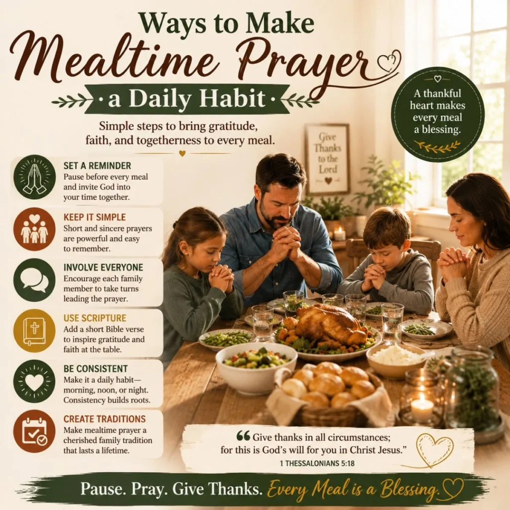 Family praying together at dinner with tips on making mealtime prayer a daily habit and practicing gratitude