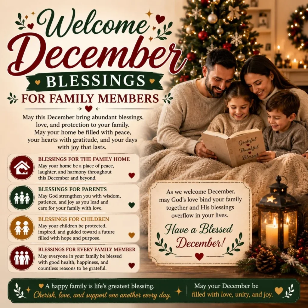 Welcome December blessings for family members with love, unity, gratitude, and a cozy Christmas home setting