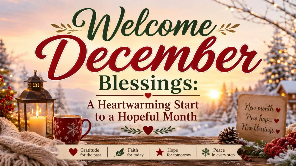 Welcome December blessings winter scene with candlelight, snowy landscape, hope message, and cozy holiday decor