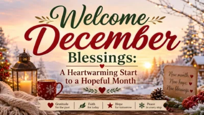 Welcome December blessings winter scene with candlelight, snowy landscape, hope message, and cozy holiday decor
