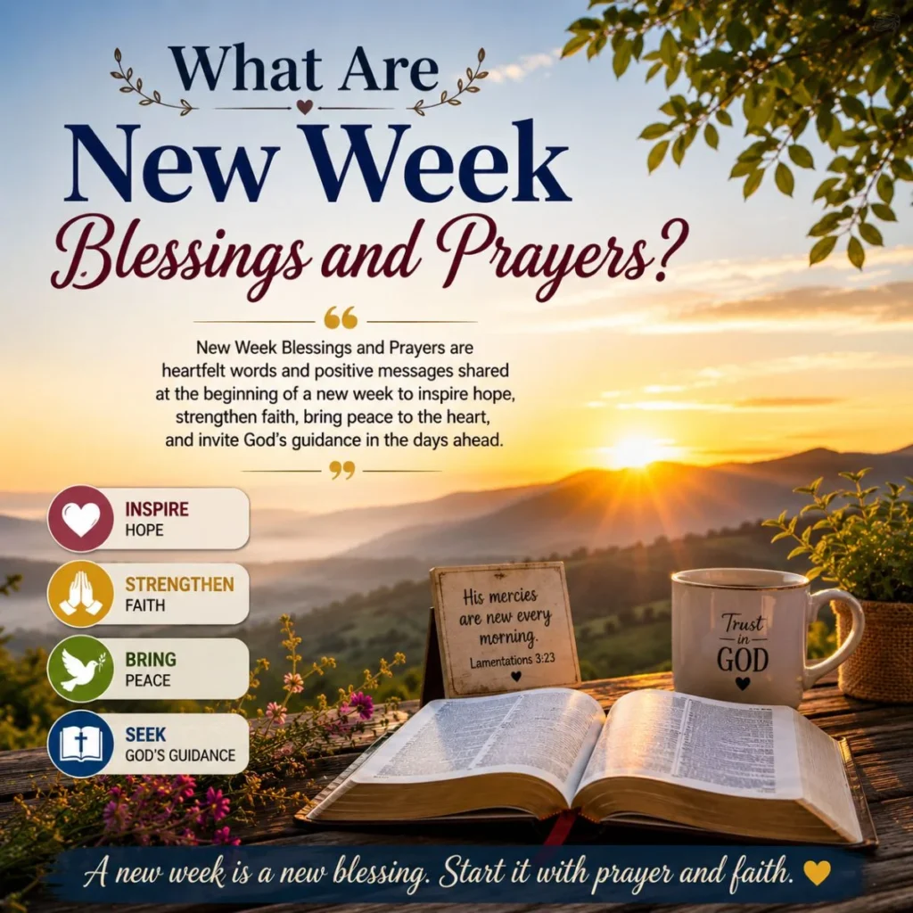 
What Are New Week Blessings and Prayers infographic with sunrise, Bible, faith message, and spiritual guidance