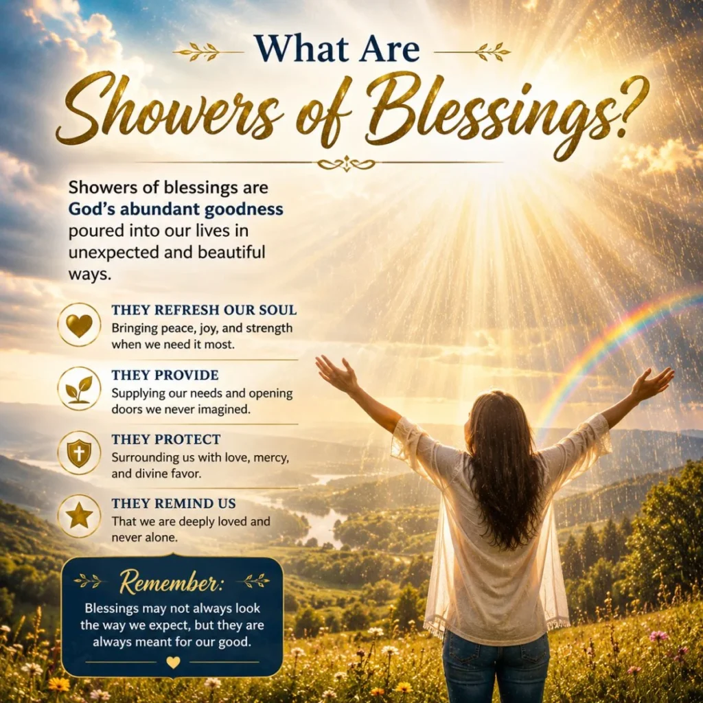 Christian infographic explaining showers of blessings with golden light, rainbow, and faith-filled inspiration