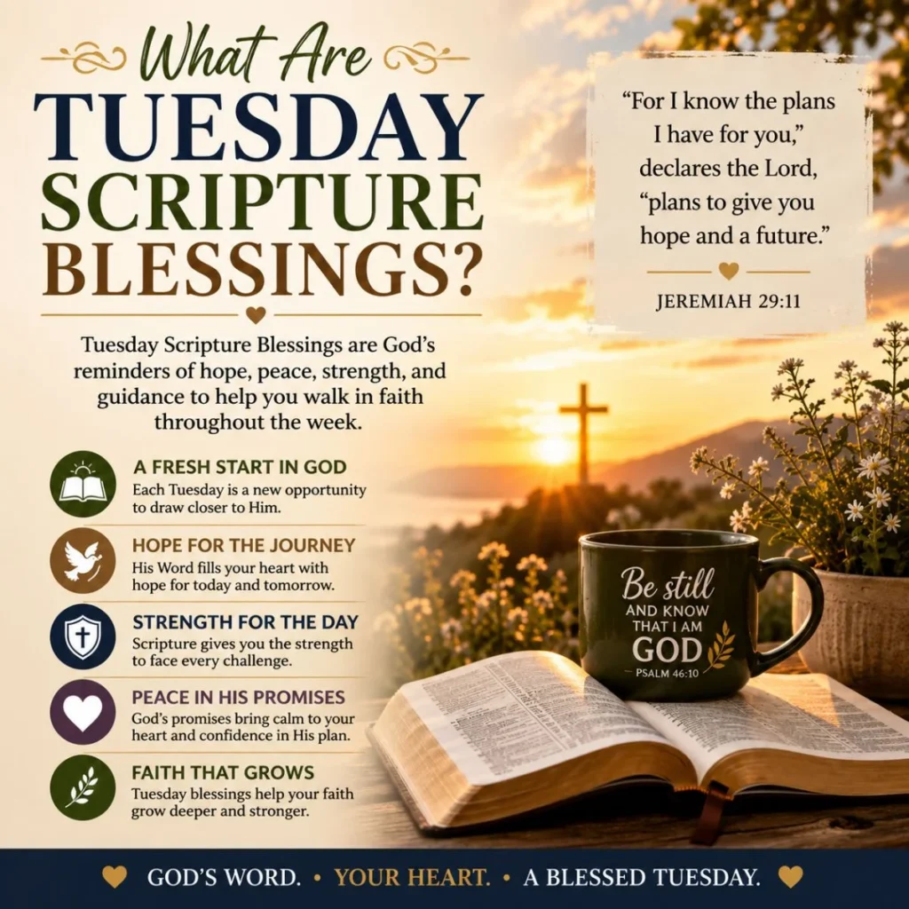 What Are Tuesday Scripture Blessings infographic with Bible, cross, sunrise, and messages of hope, peace, and faith