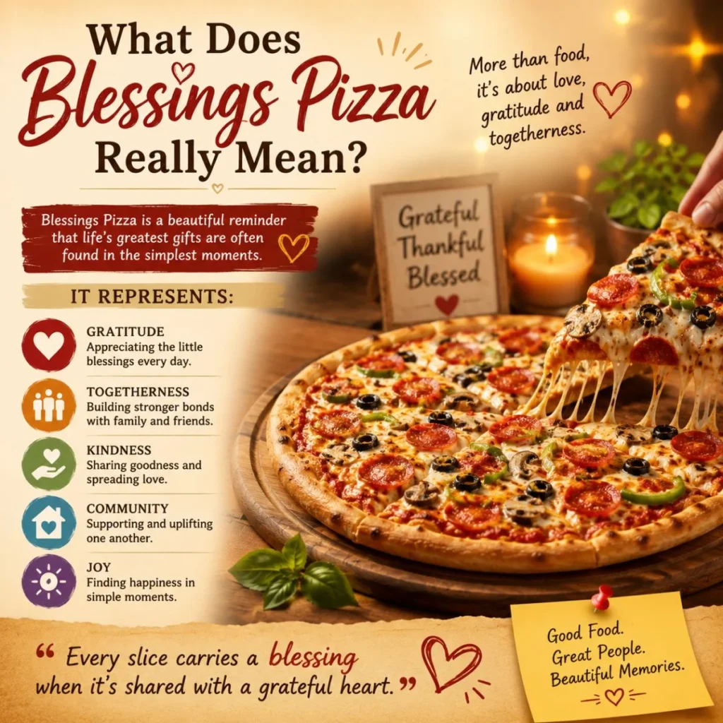 What Does Blessings Pizza Really Mean infographic showing gratitude, togetherness, kindness, community, and joy