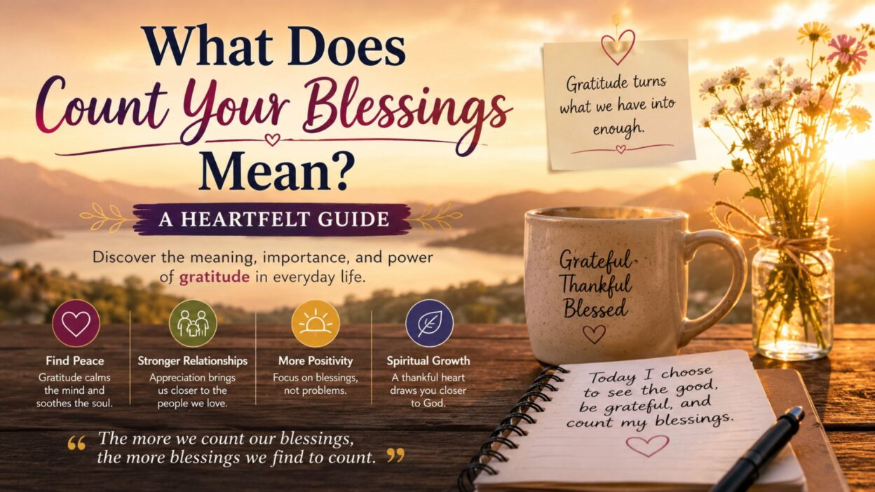 What does count your blessings mean guide with gratitude journal, coffee mug, sunrise, and inspirational message