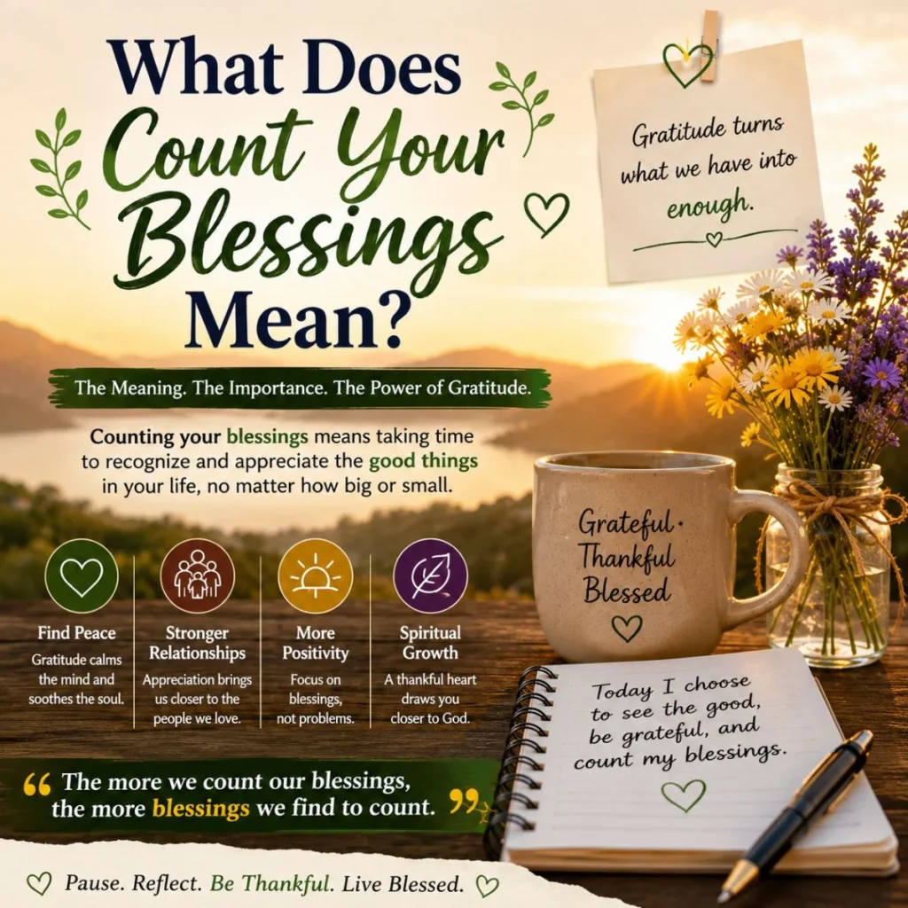 What does count your blessings mean infographic with gratitude journal, coffee mug, sunrise, and inspirational quotes