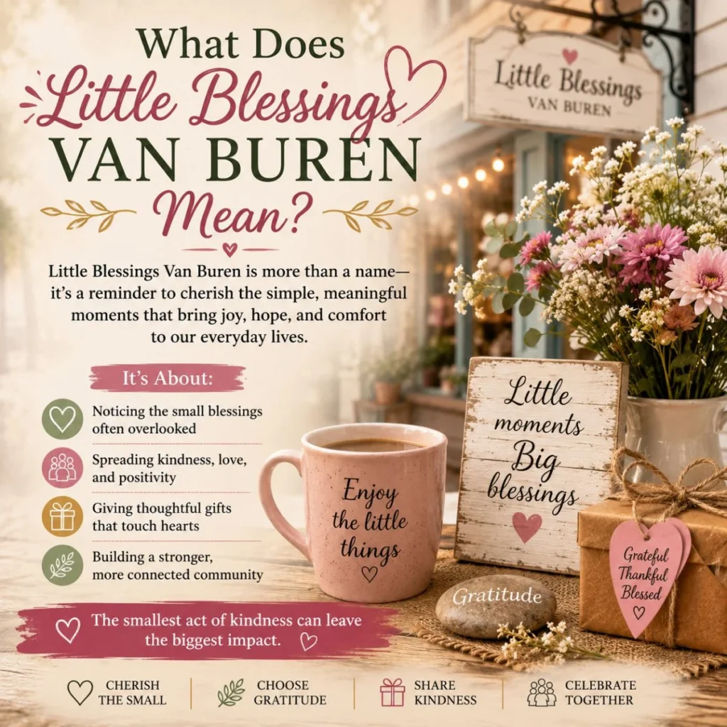 What Does Little Blessings Van Buren Mean image with flowers, gifts, and gratitude quotes about life's small blessings
