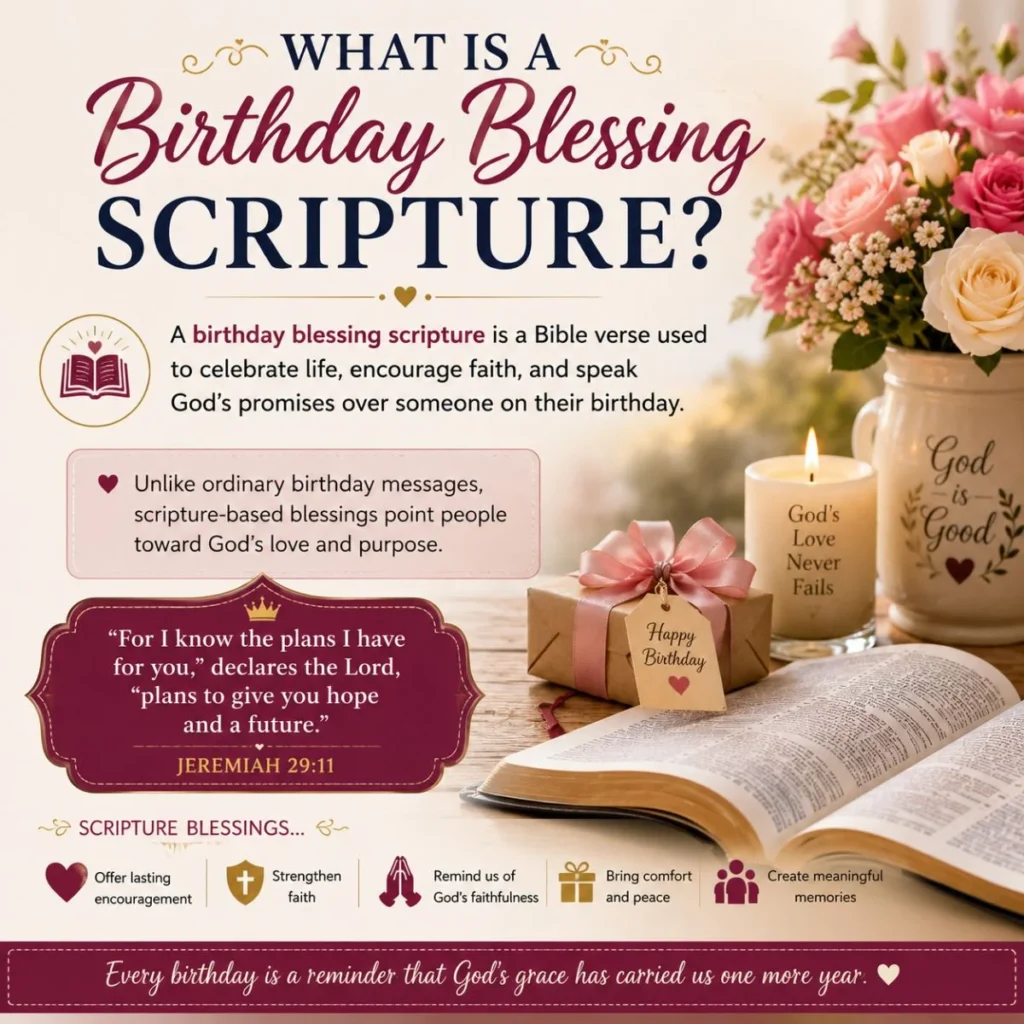 What is a birthday blessing scripture image with Bible, flowers, gift, candle, and Jeremiah 29:11 Bible verse