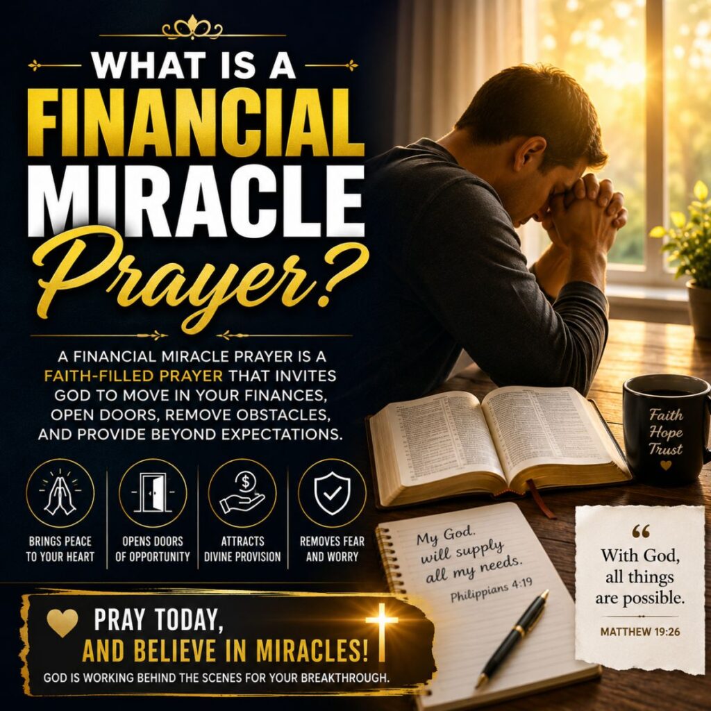 What is a financial miracle prayer? Person praying beside an open Bible for financial breakthrough and peace