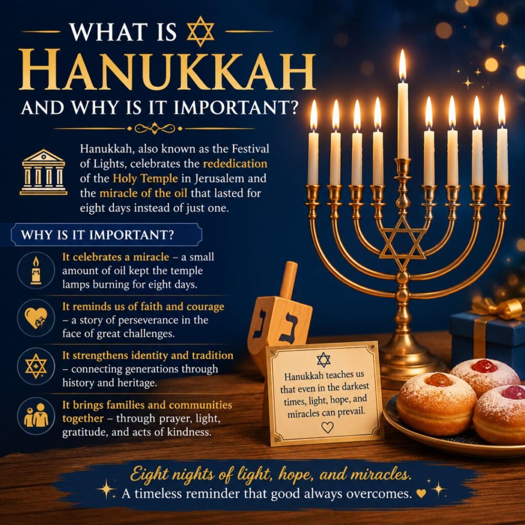 What is Hanukkah and why is it important infographic with menorah candles, dreidel, and Festival of Lights meaning