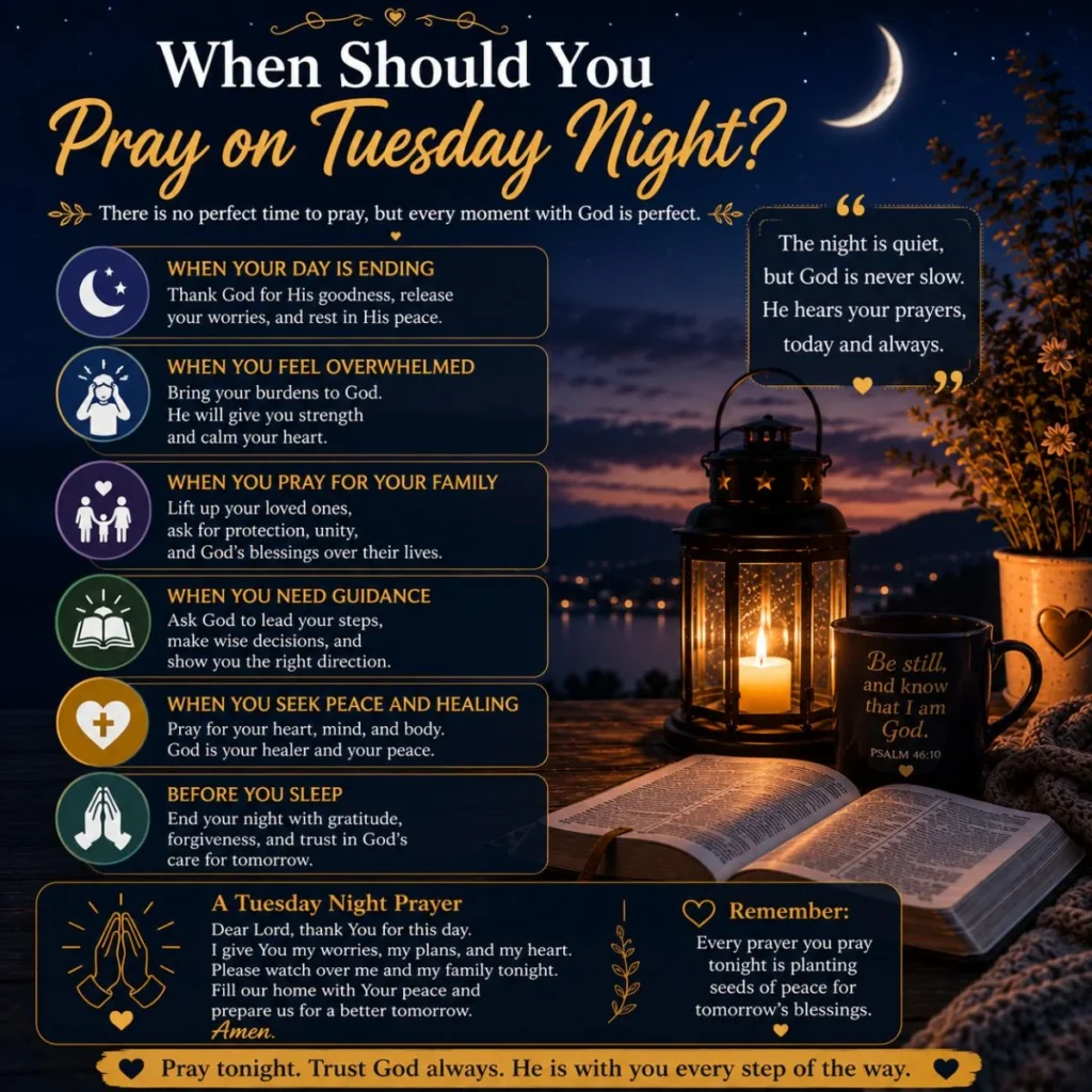 When should you pray on Tuesday night image with moon, lantern, Bible, and peaceful evening prayer reminders