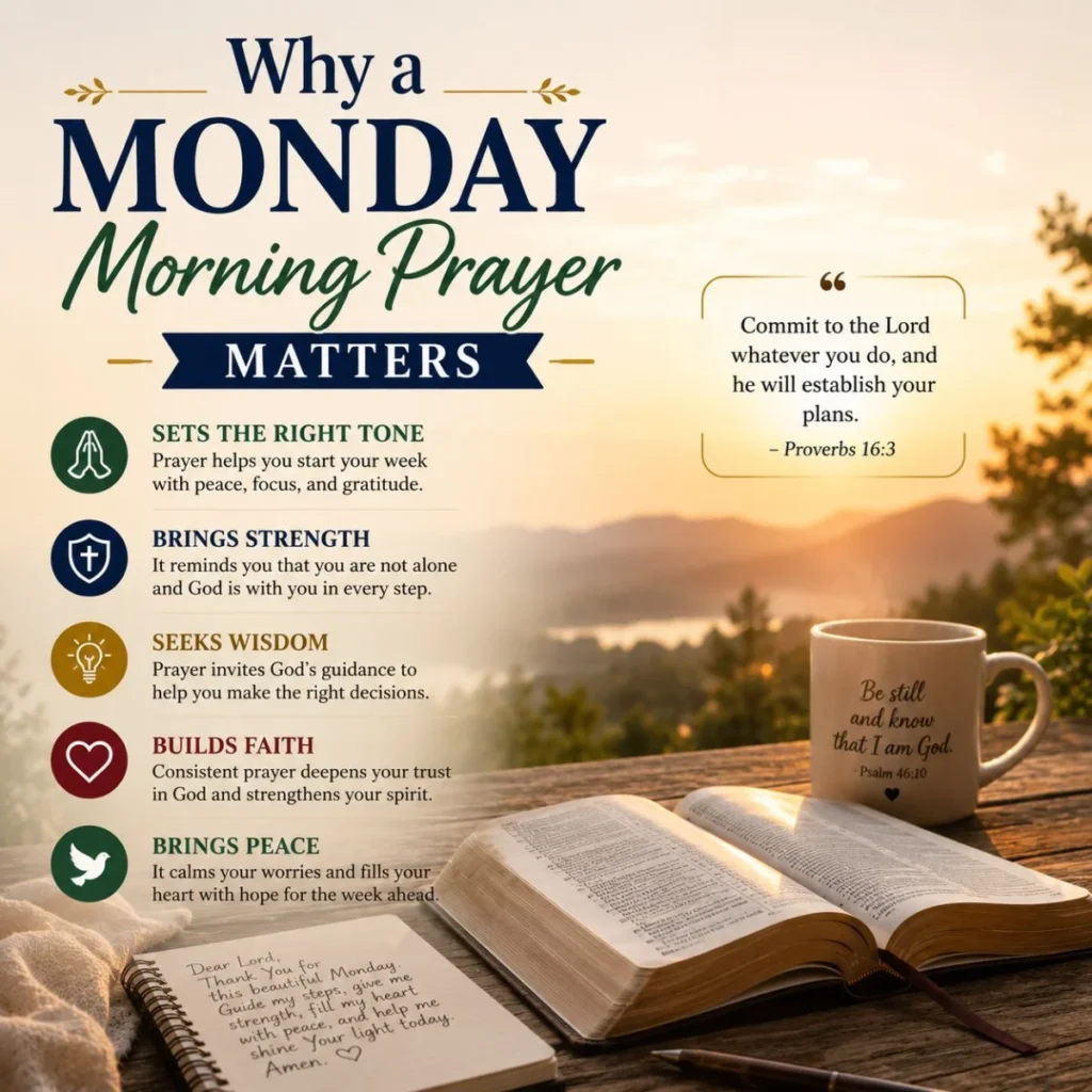 Why a Monday morning prayer matters with sunrise, open Bible, coffee mug, and faith-filled encouragement