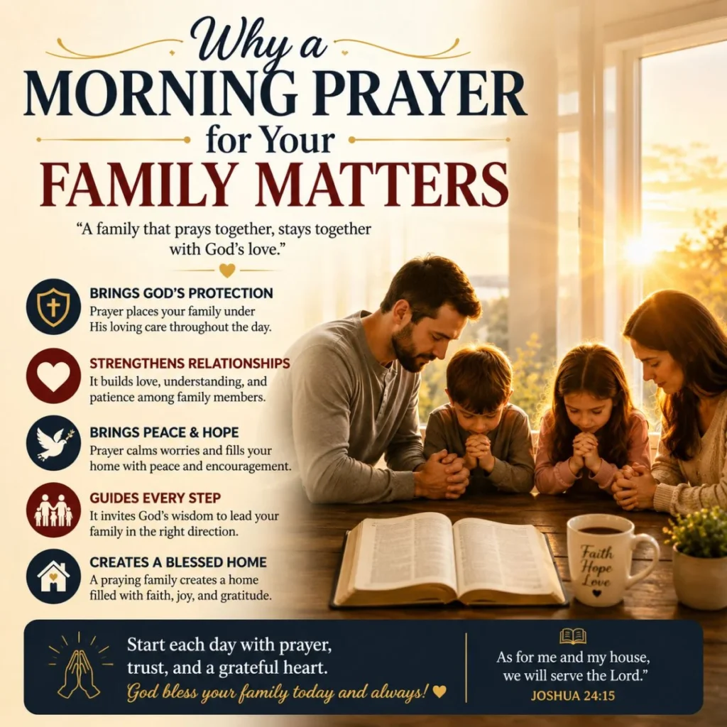 Family praying together at sunrise showing why a morning prayer for your family matters and brings peace and protection