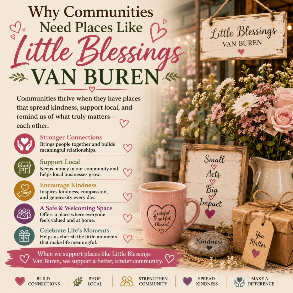 Why Communities Need Places Like Little Blessings Van Buren image with flowers, gifts, and messages about kindness and community