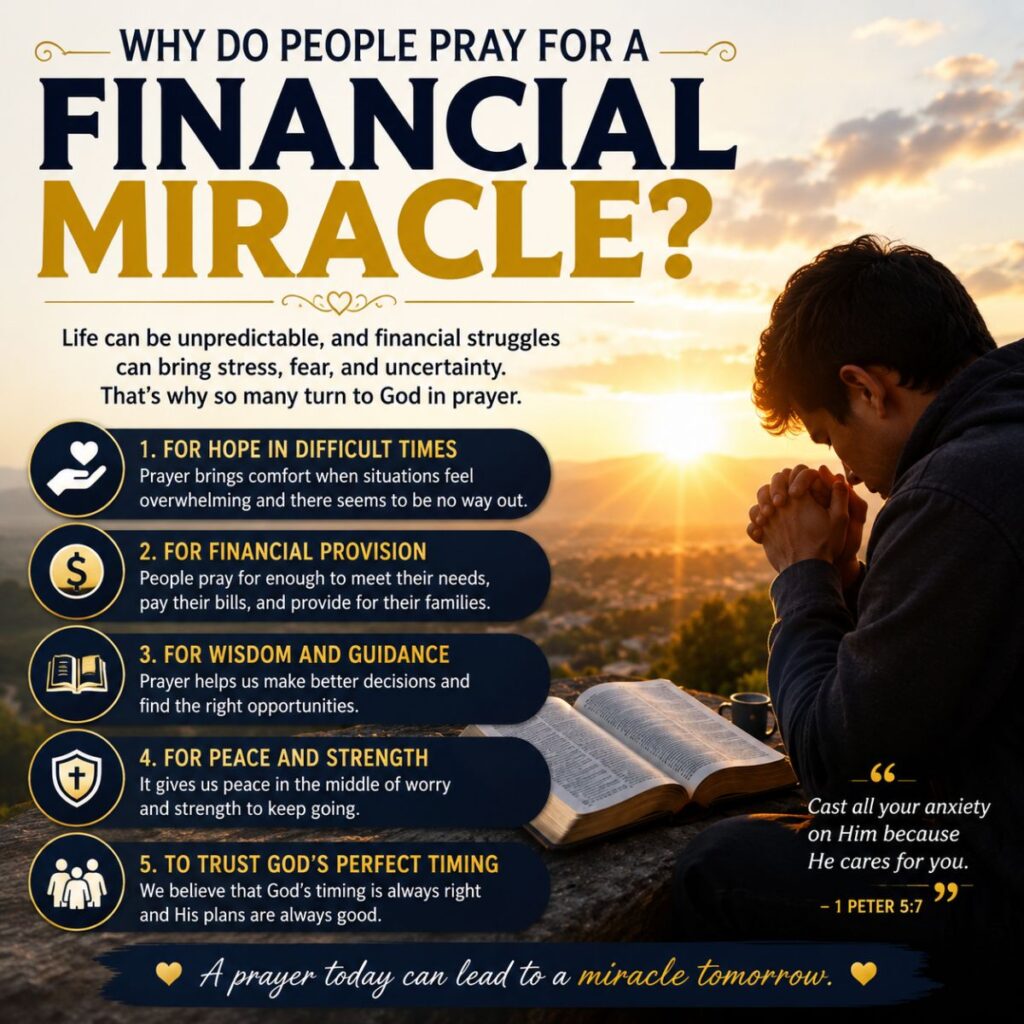 Man praying beside an open Bible at sunrise explaining why people pray for a financial miracle