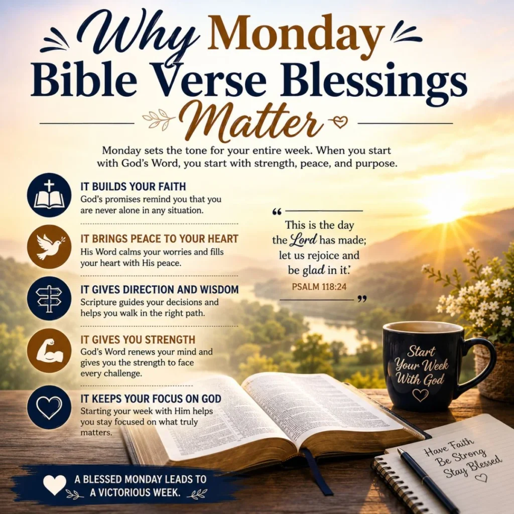 Why Monday Bible verse blessings matter infographic with Bible, sunrise, faith tips, and Psalm 118:24 scripture